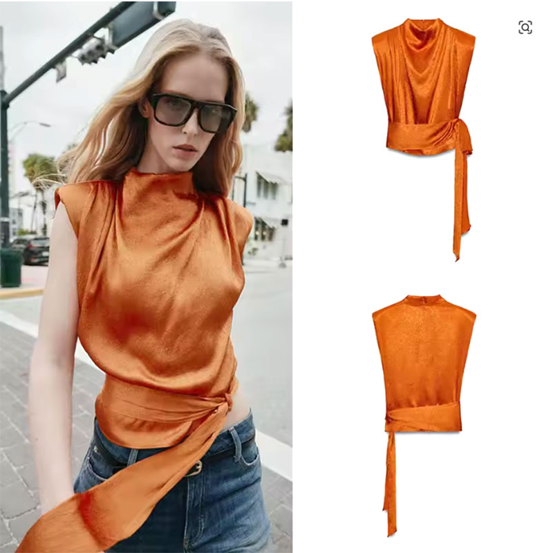 Satin Shawl Collar Sleeveless  - Shirt Camp Collar review and price