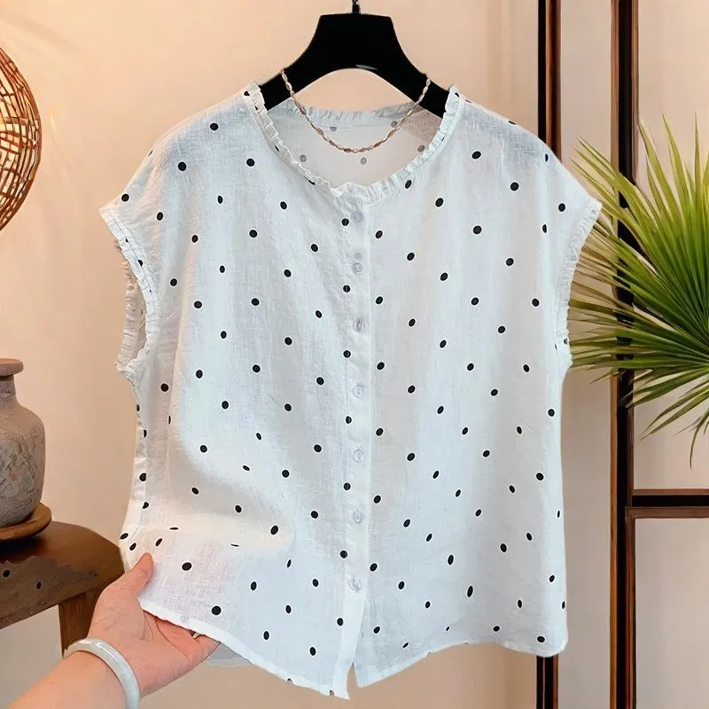 Women's Retro Polka Dot Linen  - Shirt Camp Collar review and price